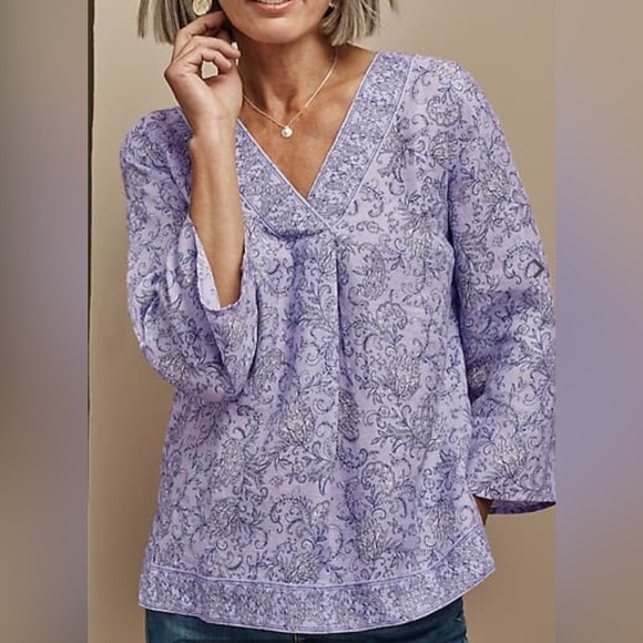 J. Jill Tops - J. Jill Love Linen Purple Paisley Boho Popover Blouse Border Print Boxy Sz Large